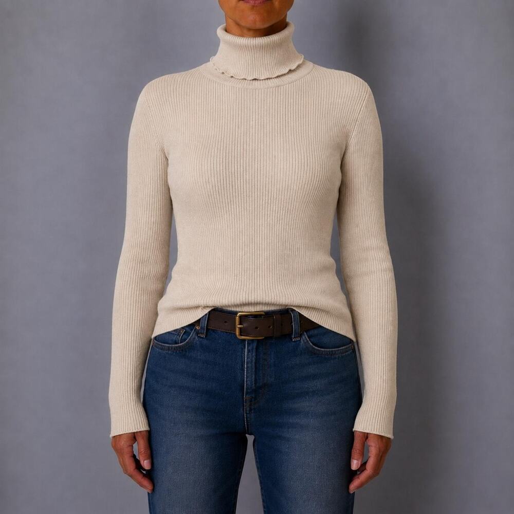 Vintage 90s Ann Taylor 100% Silk Ribbed Beige Fitted Turtleneck Sweater Size M